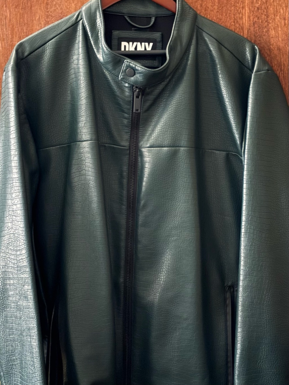 DKNY Dark Green Faux Leather Bomber Jacket with croc texture